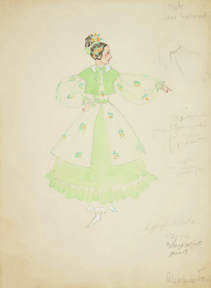 Pirates Of Penzance Kate Patterned Cream Dress With Green Underskirt And Green Coat Wall Art by Alex Jones - High-Resolution Digital Print