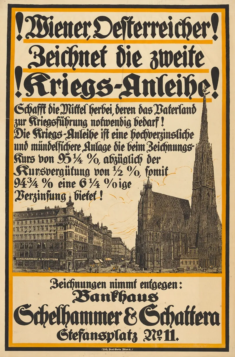 Plakat Des Bankhauses Schelhammer Schattera Fur Die 2 Kriegsanleihe Mit Ansicht Des Stephansplatzes Wall Art by Paul Gerin - High-Resolution Digital Print