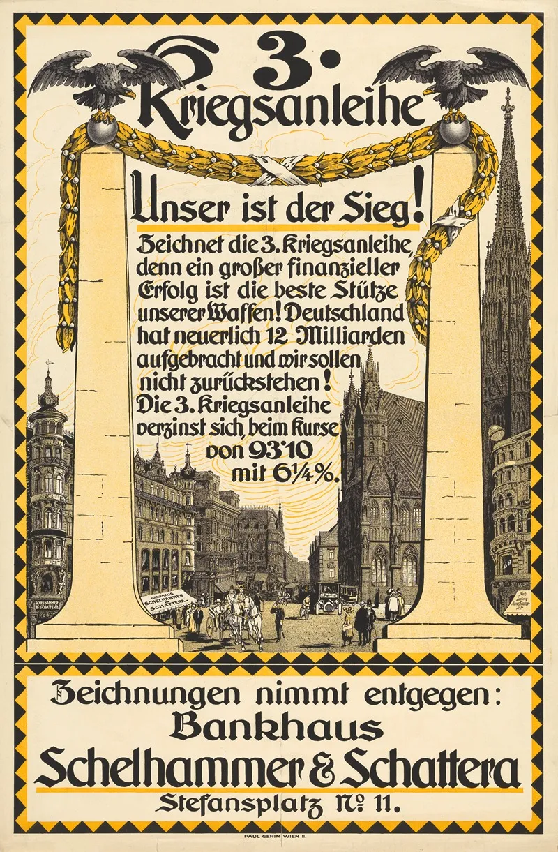 Plakat Des Bankhauses Schelhammer Schattera Fur Die 3 Kriegsanleihe Wall Art by Paul Gerin - High-Resolution Digital Print