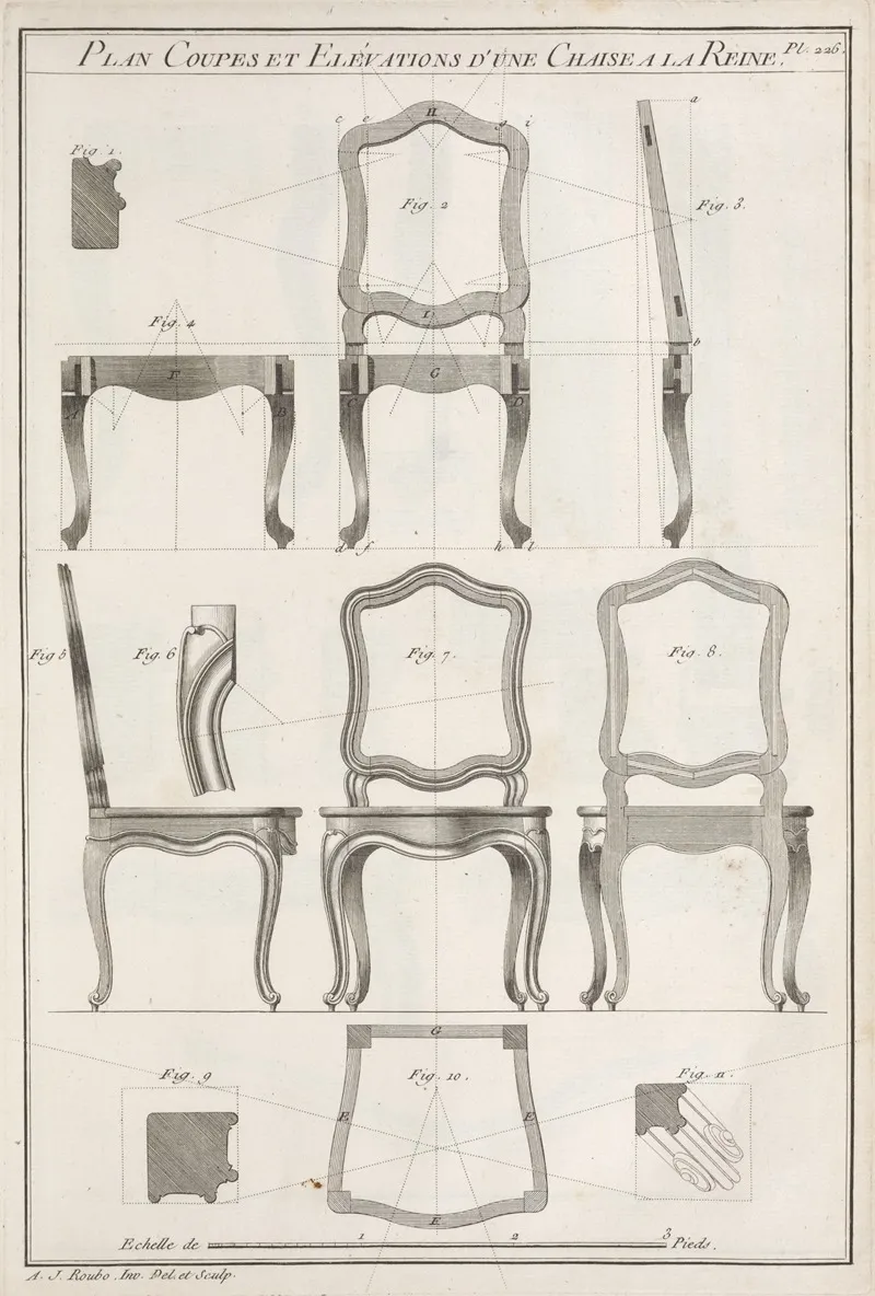 Plan Coupes Elevations Dune Chaise A La Reine Wall Art by André Jacob Roubo - High-Resolution Digital Print