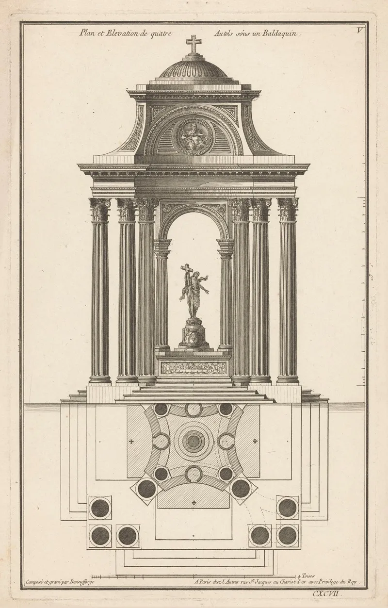 Plan Et Elevation De Quatre Autels Sous Un Baldaquin Wall Art by Jean François de Neufforge - High-Resolution Digital Print