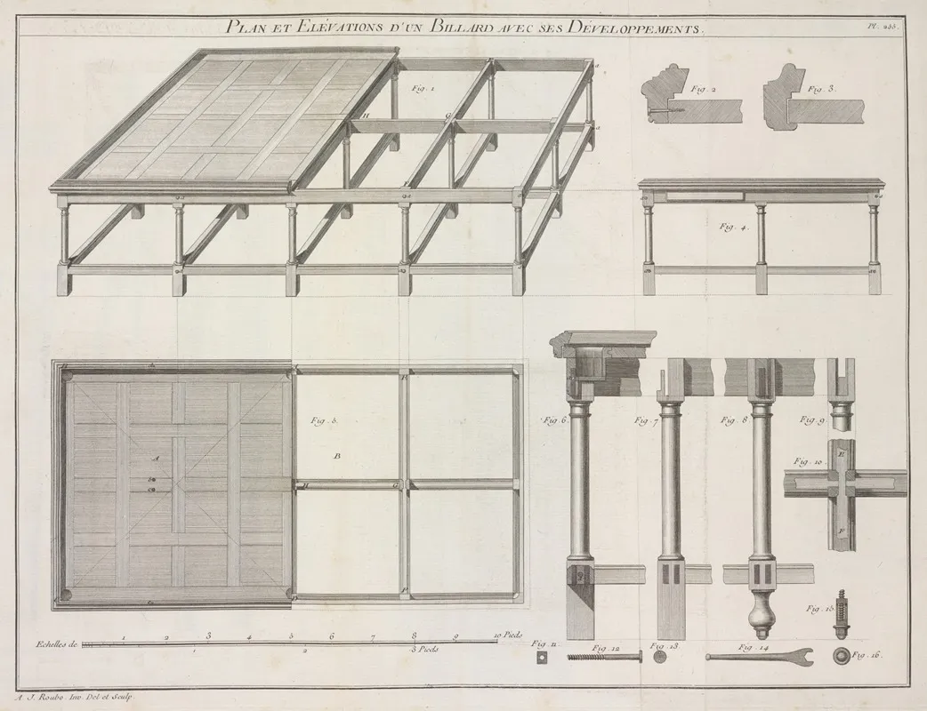 Plan Et Elevations Dun Billard Avec Ses Developpements Wall Art by André Jacob Roubo - High-Resolution Digital Print