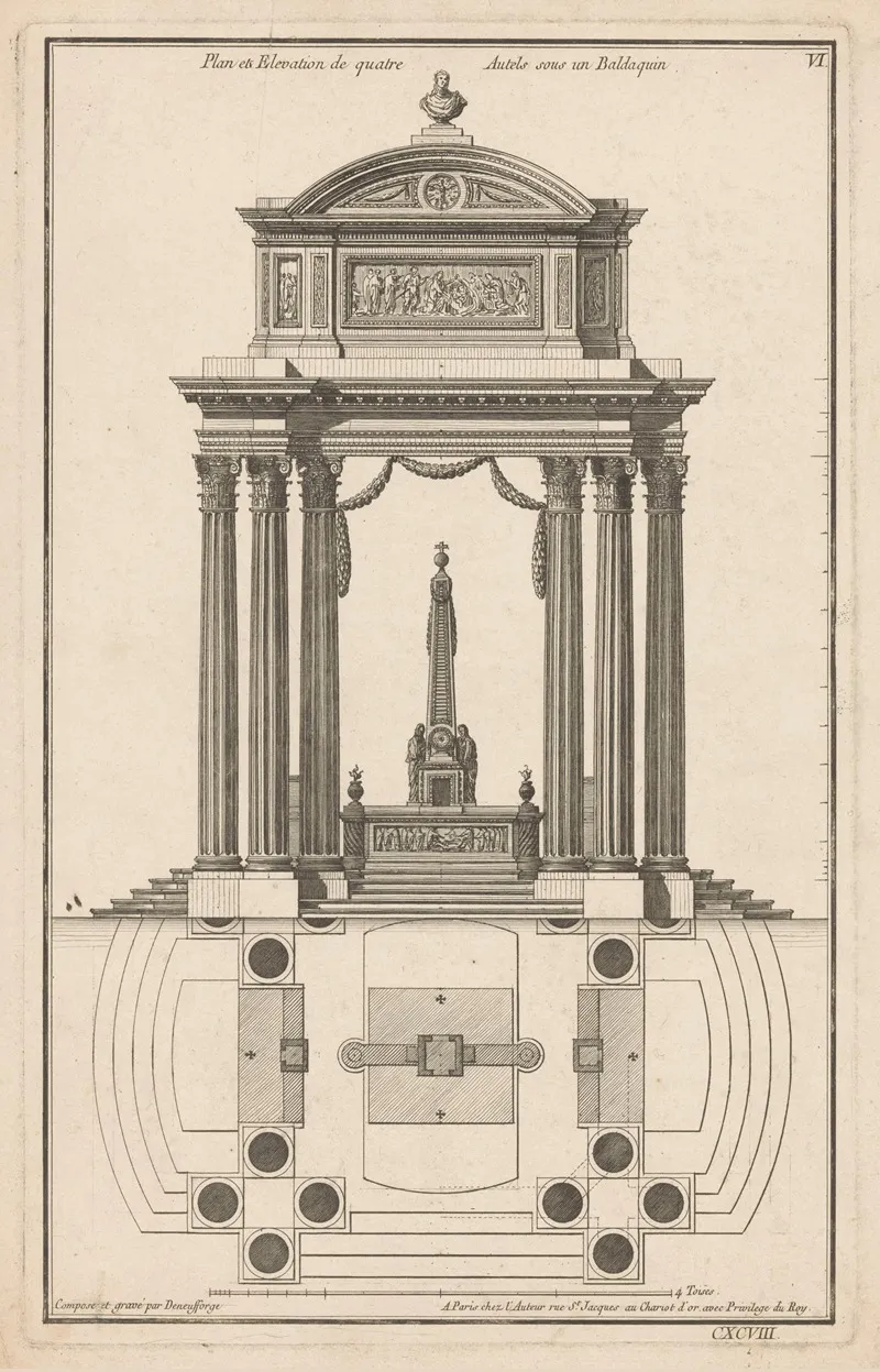 Plan Ets Elevation De Quatre Autels Sous Un Baldaquin Wall Art by Jean François de Neufforge - High-Resolution Digital Print