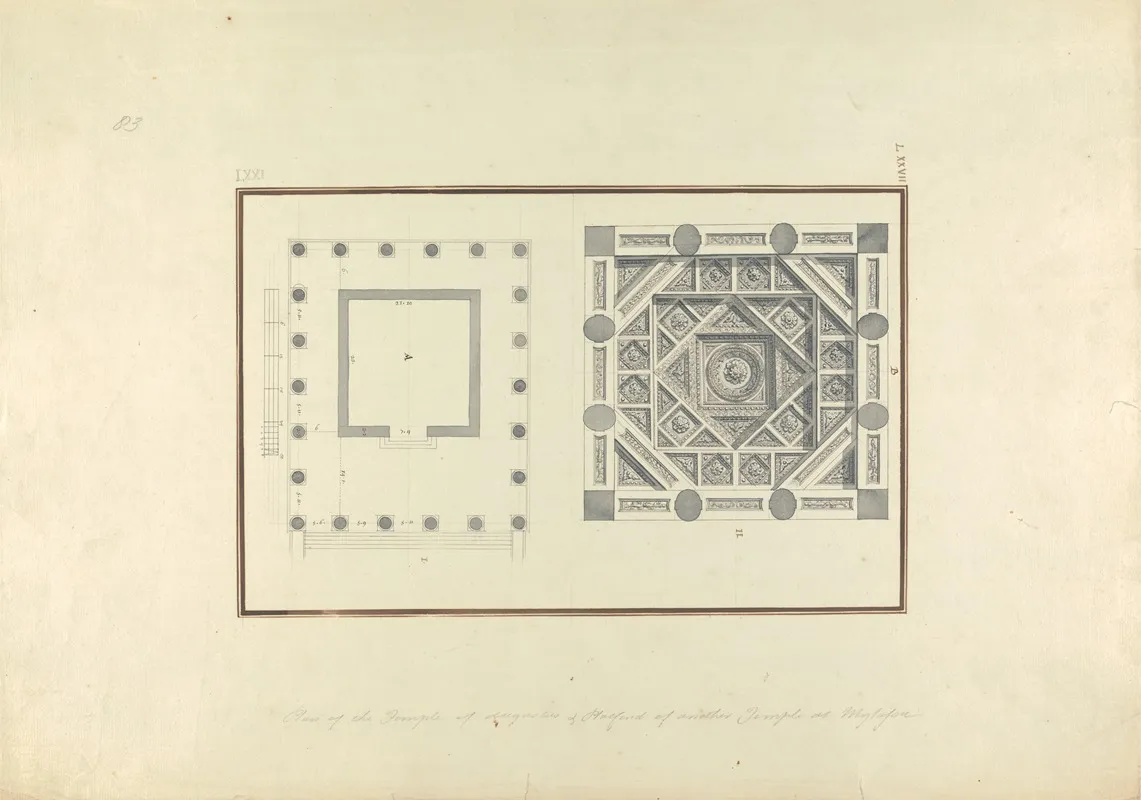 Plan Of A Temple At Mylasa And Detail Of A Coffered Ceiling From A Tomb