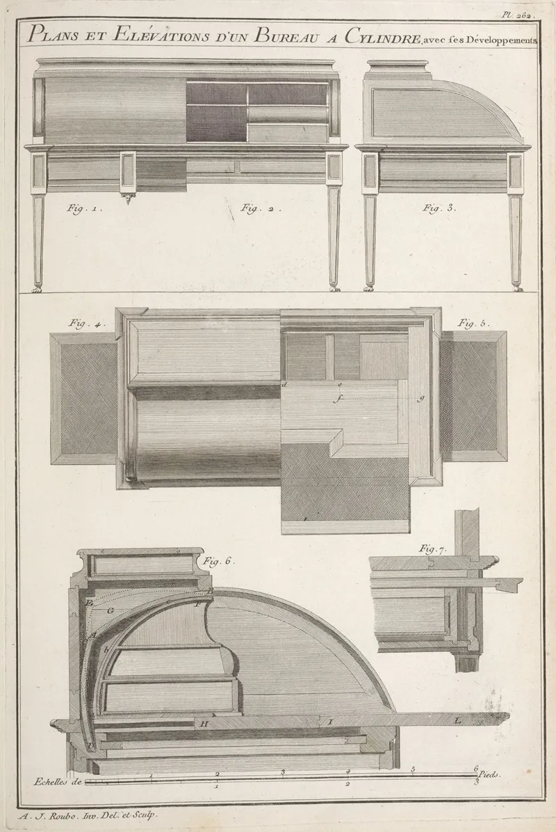 Plans Et Elevations Dun Bureau A Cylindre Avec Ses Developpements Wall Art by André Jacob Roubo - High-Resolution Digital Print