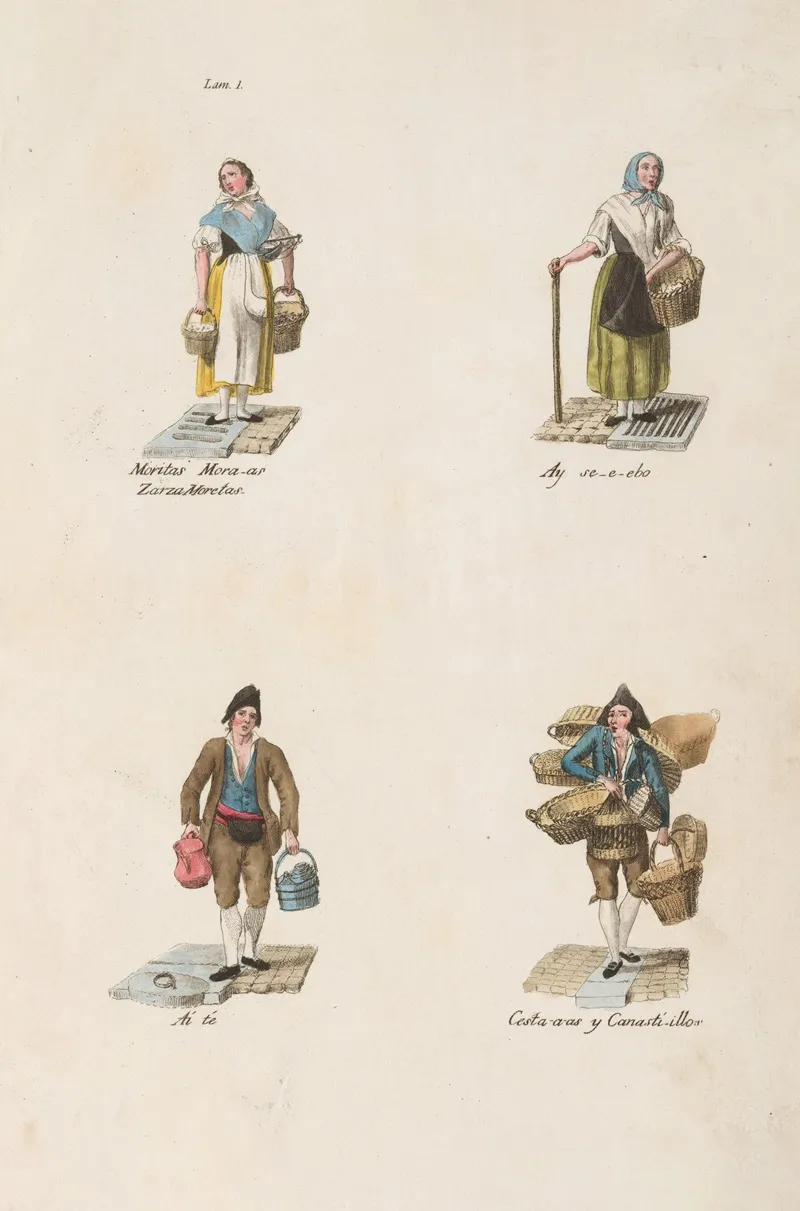 Plate 1 Four Street Vendors From Madrid Selling Blueberries Onions Tea And Baskets Wall Art by Miguel Gamborino - High-Resolution Digital Print