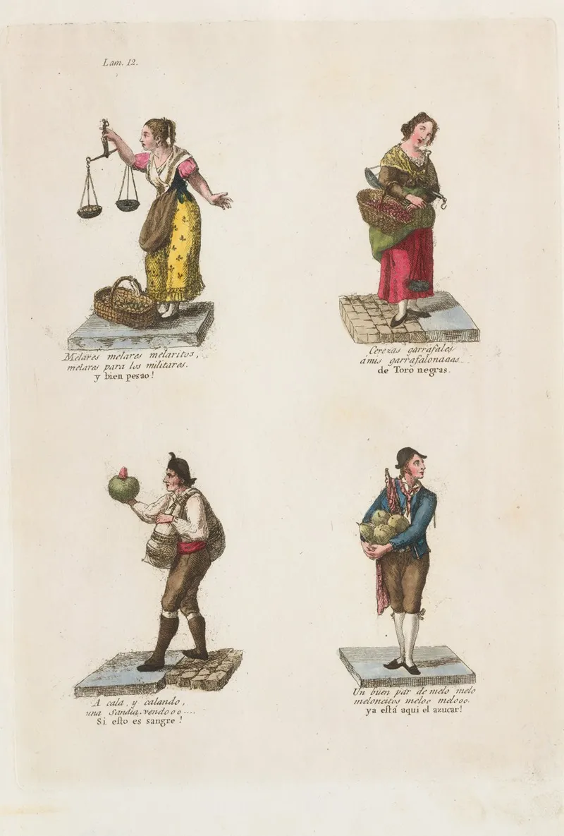 Plate 12 Four Street Vendors From Madrid Selling Dried Fruit Cherries And Melons Wall Art by Miguel Gamborino - High-Resolution Digital Print