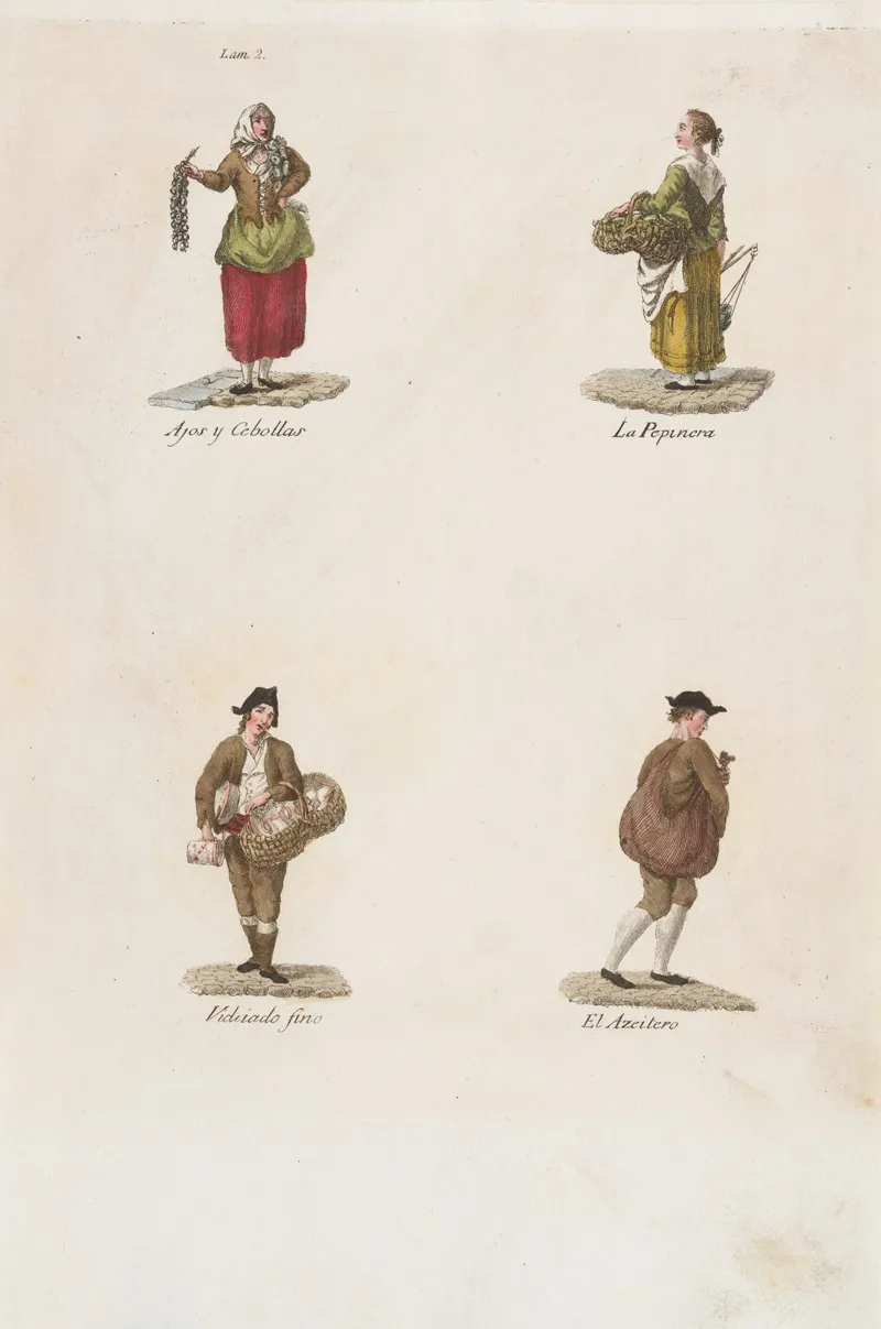Plate 2 Four Street Vendors From Madrid Selling Garlic And Onions Cucumbers Fine Crockery Oil Wall Art by Miguel Gamborino - High-Resolution Digital Print