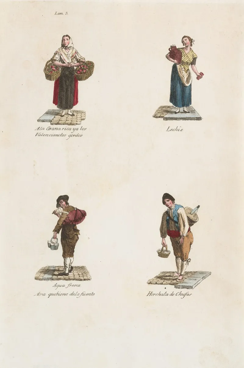 Plate 3 Four Street Vendors From Madrid Selling Large Tomatoes Milk Water Milk Shakes Wall Art by Miguel Gamborino - High-Resolution Digital Print