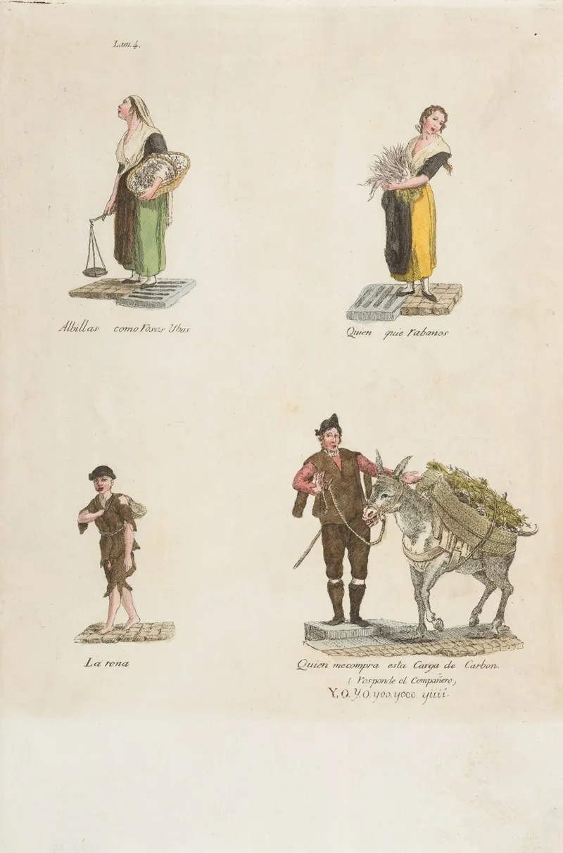 Plate 4 Four Street Vendors From Madrid Selling Albillas Radishes Carbon Wall Art by Miguel Gamborino - High-Resolution Digital Print