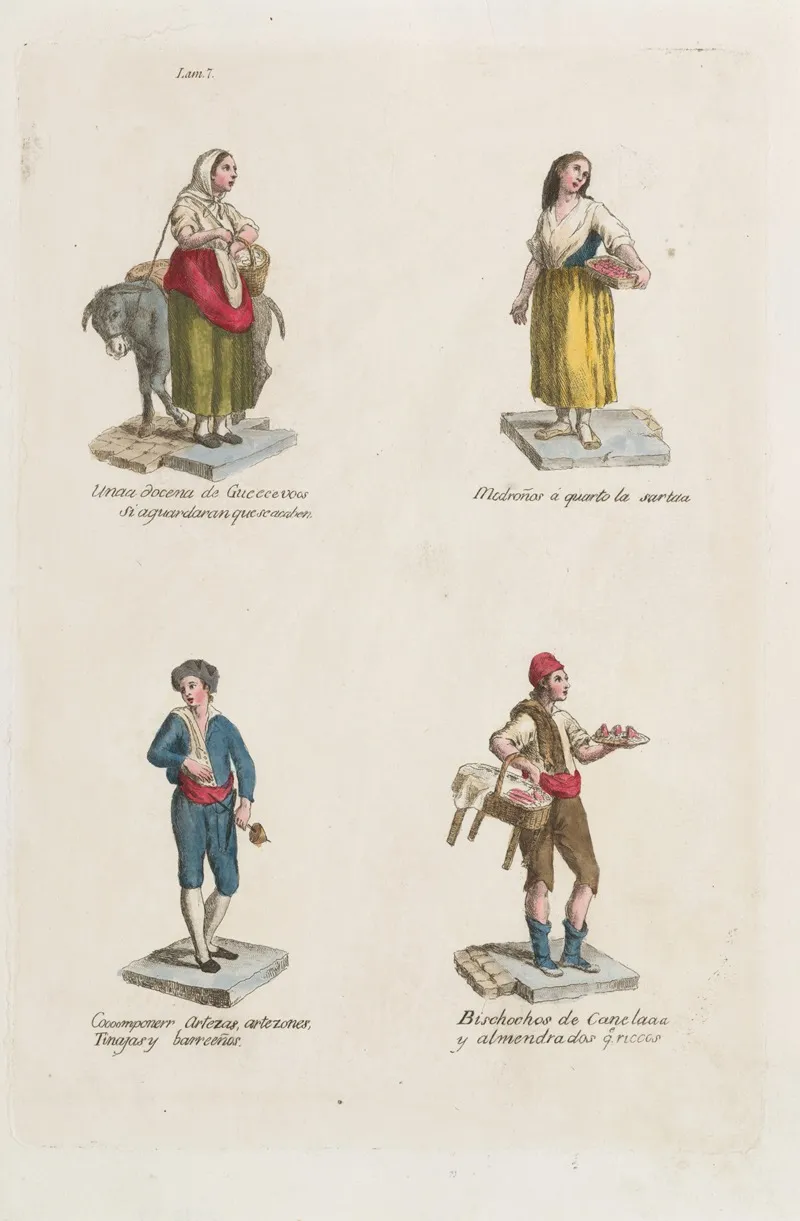 Plate 7 Four Street Vendors From Madrid Selling Eggs Straweberries Containers Cinamon Flavored Sweets Wall Art by Miguel Gamborino - High-Resolution Digital Print