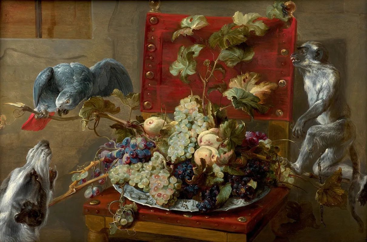 Plate Of Fruits On A Chair Surrounded By A Parrot A Monkey And A Dog Wall Art by Frans Snijders - High-Resolution Digital Print