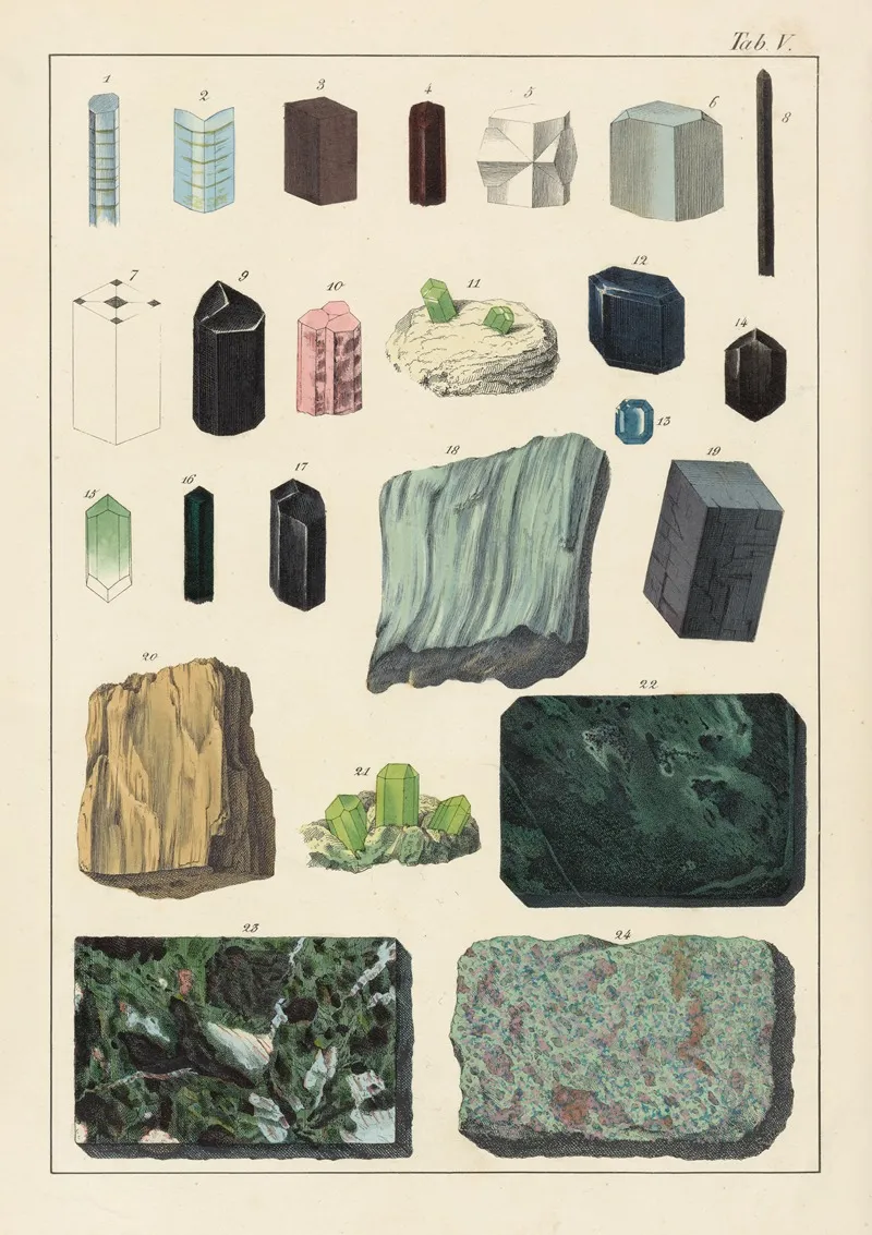 Plate V Kyanite Disthene Staurolite Andalusite Tourmaline Dichorite Peliom Augite Hornblende Wall Art by Johann Gottlob Kurr - High-Resolution Digital Print