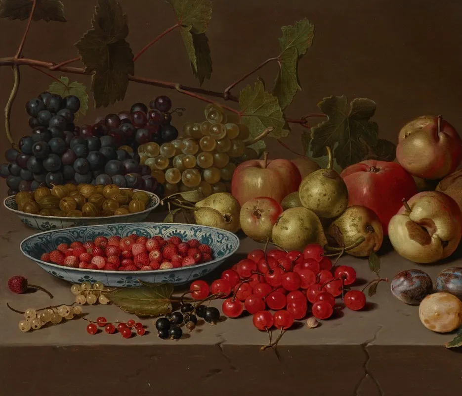 Plates Of Cherries And Wild Strawberries With Grapes Apples Pears Plums And Other Fruits On A Stone Ledge Wall Art by Floris van Schooten - High-Resolution Digital Print