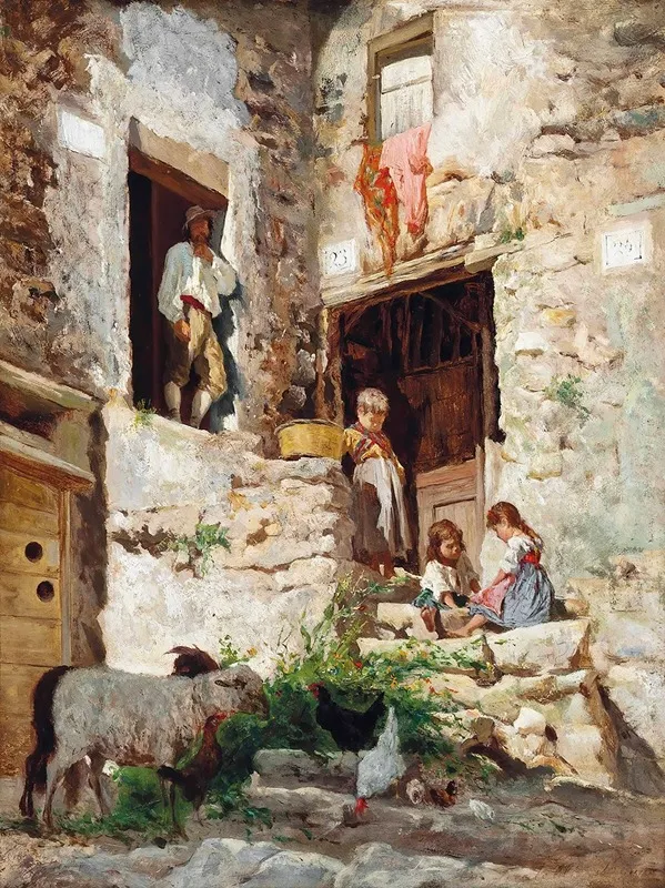 Playing On The Steps Of An Italian Villa Wall Art by Aurelio Tiratelli - High-Resolution Digital Print