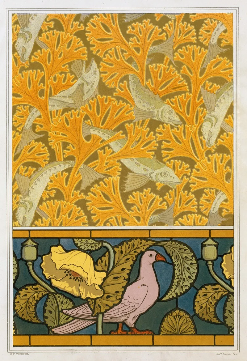 Poisson Et Algues Papier Peint Pigeon Et Pavots Bordure De Vitrail Wall Art by Maurice Pillard Verneuil - High-Resolution Digital Print