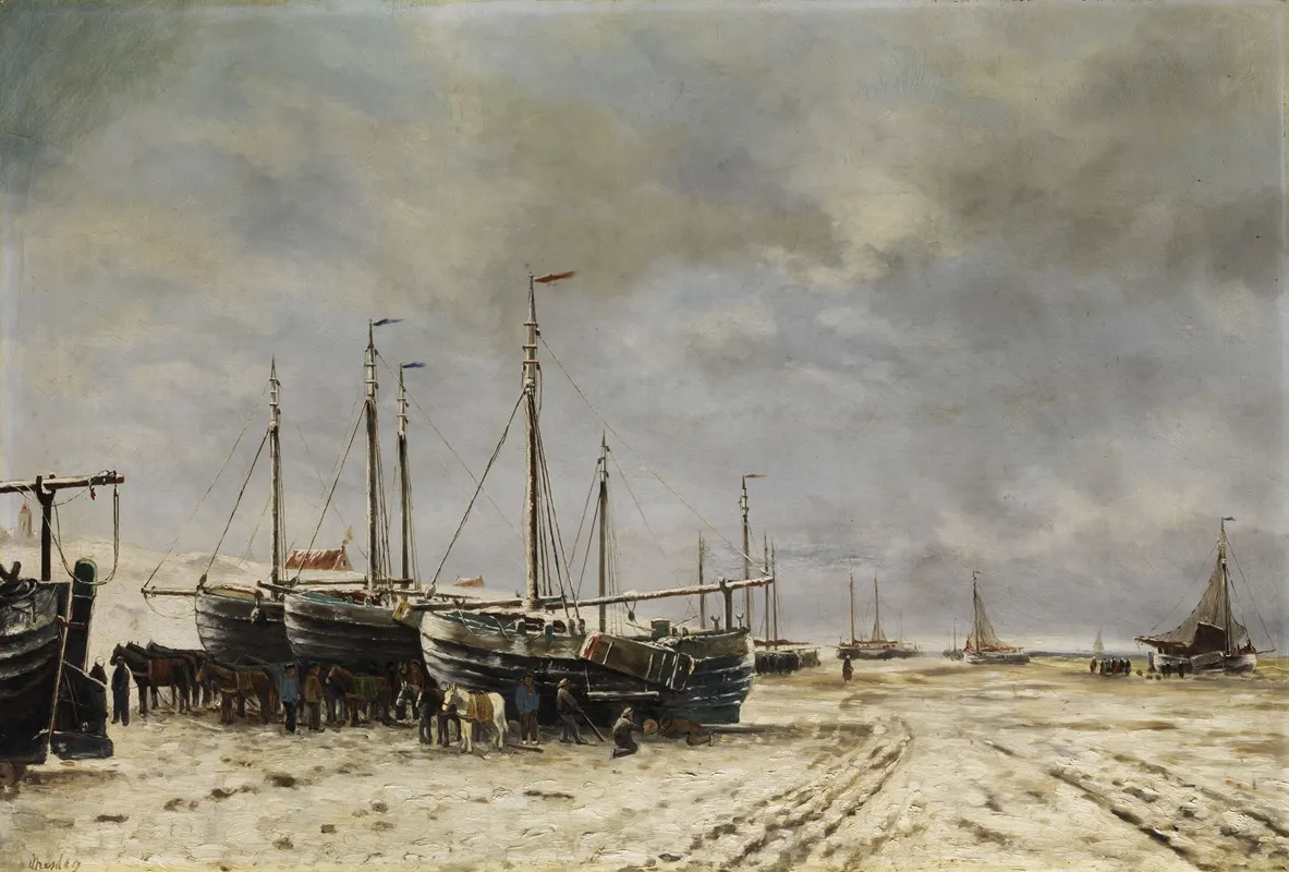 Polderseelandschaft Mit Eingefrorenen Schiffen