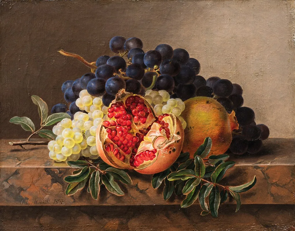 Pomegranates And Green And Blue Grapes On A Marble Frame Wall Art by Johan Laurentz Jensen - High-Resolution Digital Print