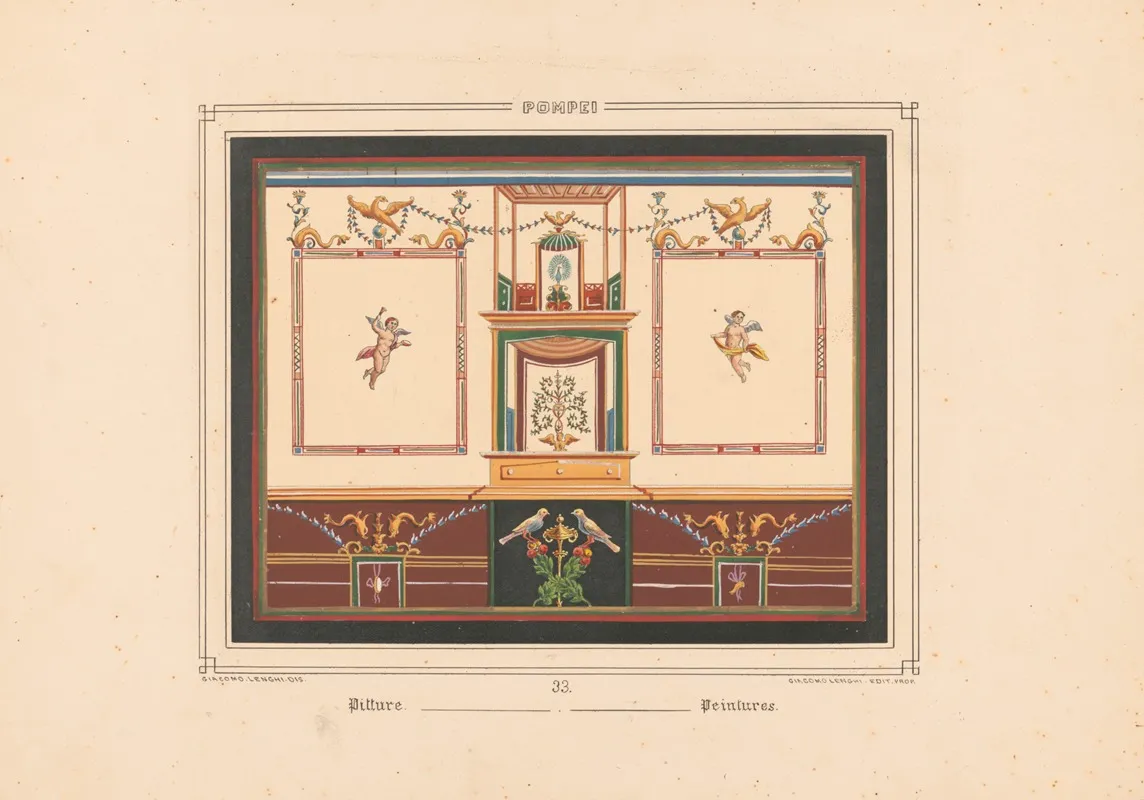Pompei Frescoe With Two Putti In Frames Topped With Birds And Dolphins