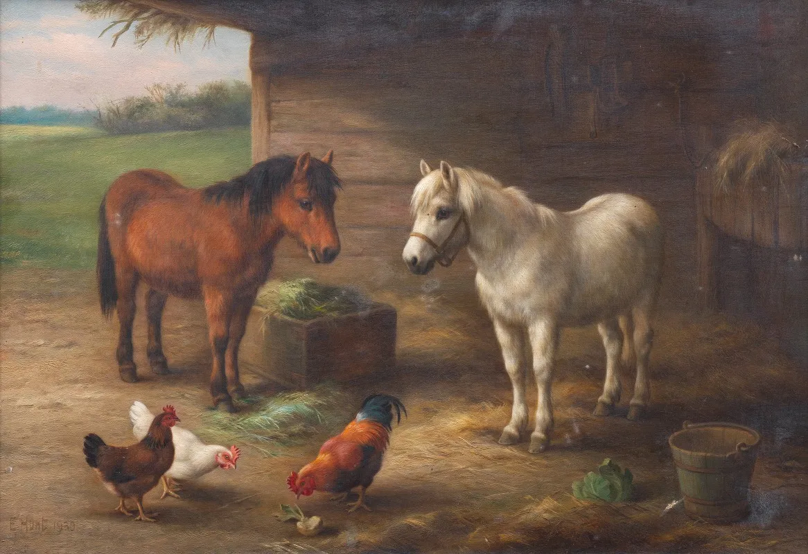 Ponies With Cocks And Hens Wall Art by Edgar Hunt - High-Resolution Digital Print