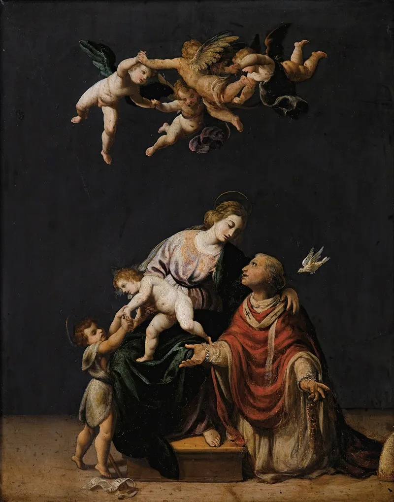 Pope Gregory Interceding With The Virgen Jesus Christ And Saint John The Baptist Wall Art by Alessandro Turchi - High-Resolution Digital Print
