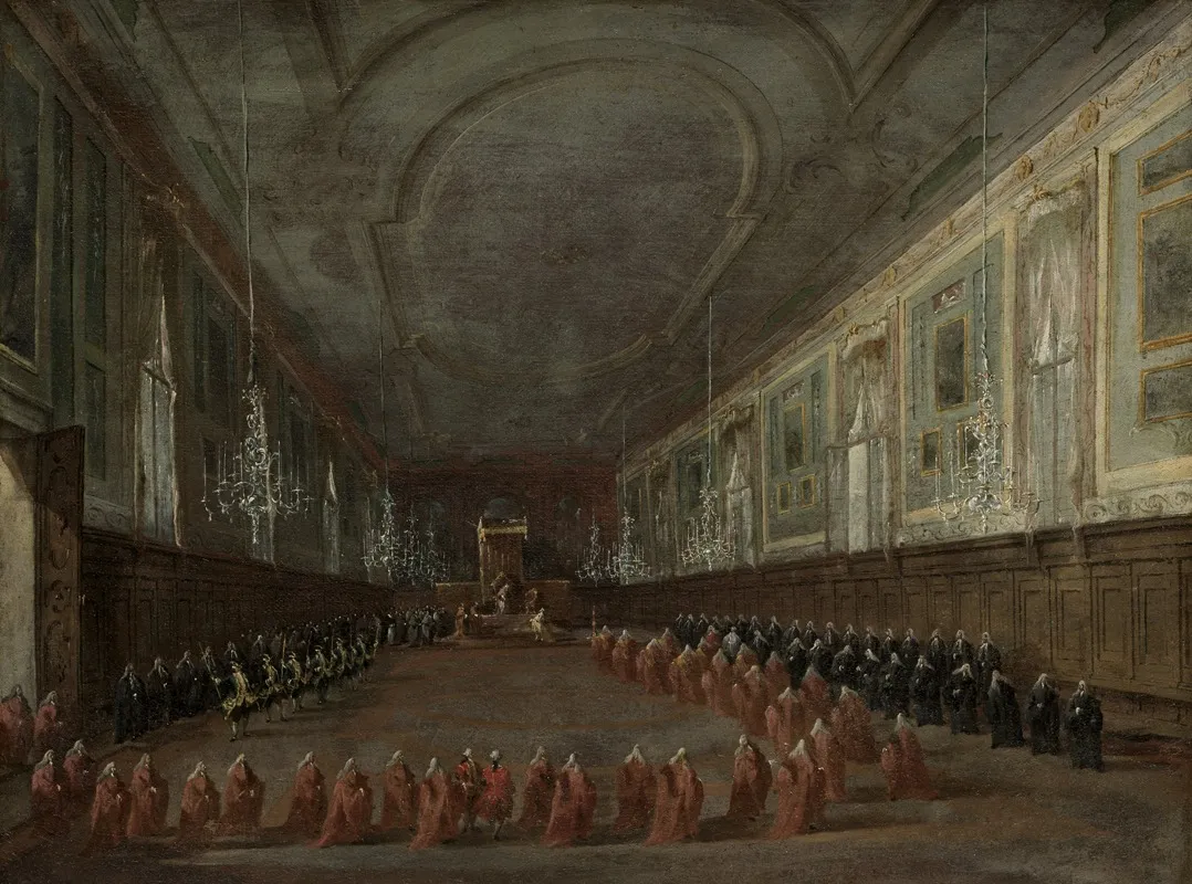 Pope Pius Vi Descending The Throne To Take Leave Of The Doge In The Hall Of Ss Giovanni E Paolo 1782 Wall Art by Francesco Guardi - High-Resolution Digital Print