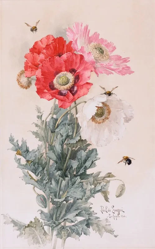 Poppies And Bees Wall Art by Paul de Longpre - High-Resolution Digital Print