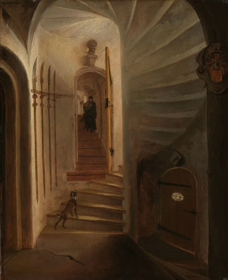 Portal Of A Stairway Tower With A Man Descending The Stairs Presumably The Moment Before The Assassination Of William The Silent In The Ptinsenhof Delft Wall Art by Egbert van der Poel - High-Resolution Digital Print
