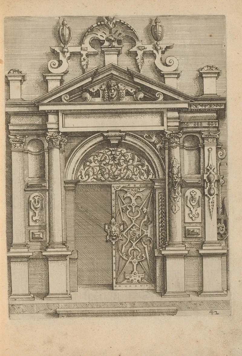 Portal With Iron Railing And Decorated With Mascarons And Scrollwork
