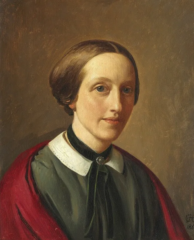 Portraet Af Michala Ingerslev F Aagaard Fra Iselingen I Sort Kjole Og Rodt Sjal Wall Art by Constantin Hansen - High-Resolution Digital Print