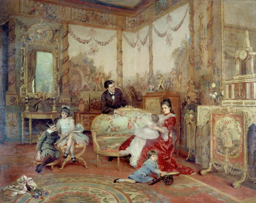 Portrait De Victorien Sardou 1831 1908 De Sa Femme Et De Ses Enfants Dans Le Grand Salon De Leur Maison De Marly Le Roi Wall Art by Auguste de La Brély - High-Resolution Digital Print