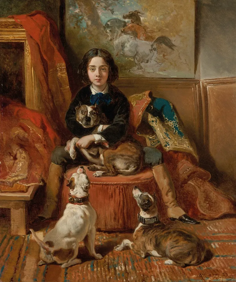 Portrait Denfant Assis Avec Ses Chiens Wall Art by Alfred De Dreux - High-Resolution Digital Print