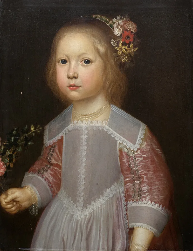 Portrait Dune Petite Fille Tenant Des Fleurs A Mi Corps Wall Art by Dirck Dircksz. van Santvoort - High-Resolution Digital Print