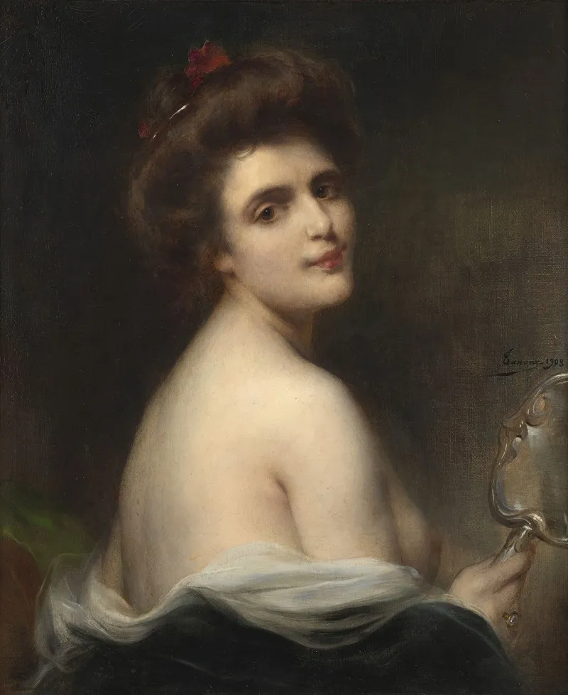 Portrait En Buste De Jeune Femme Au Miroir