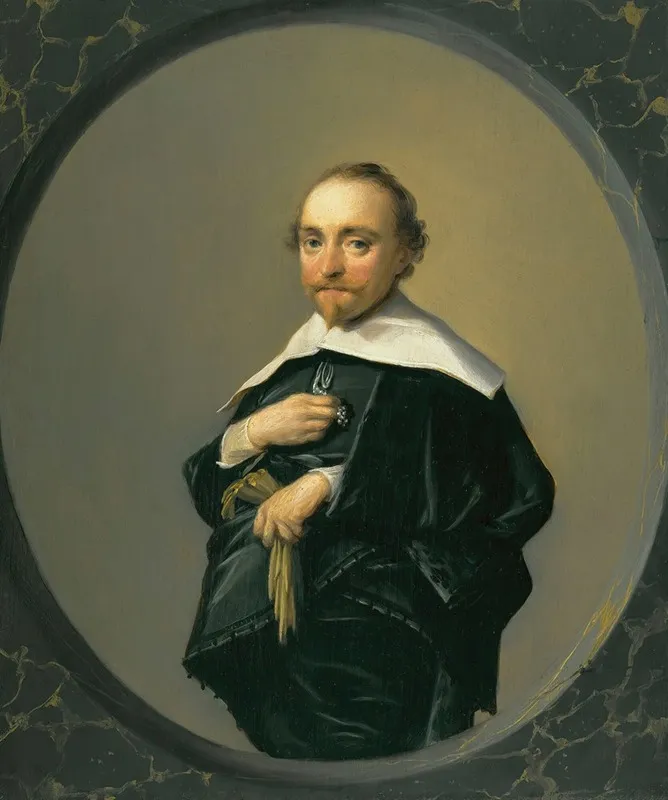 Portrait Of A Bearded Man Wearing A Black Coat With A Large White Collar Holding A Pair Of Gloves Wall Art by Hendrik Gerritsz Pot - High-Resolution Digital Print