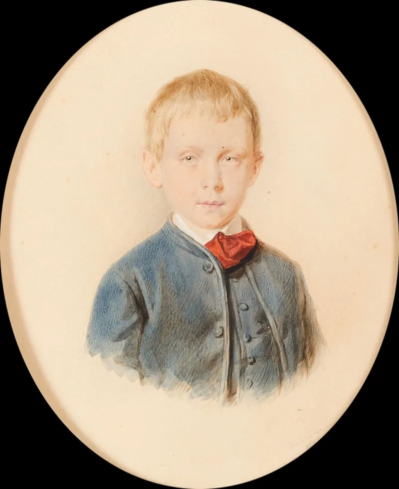 Portrait Of A Boy In A Blue Jacket And Waistcoat And Wearing A Red Scarf