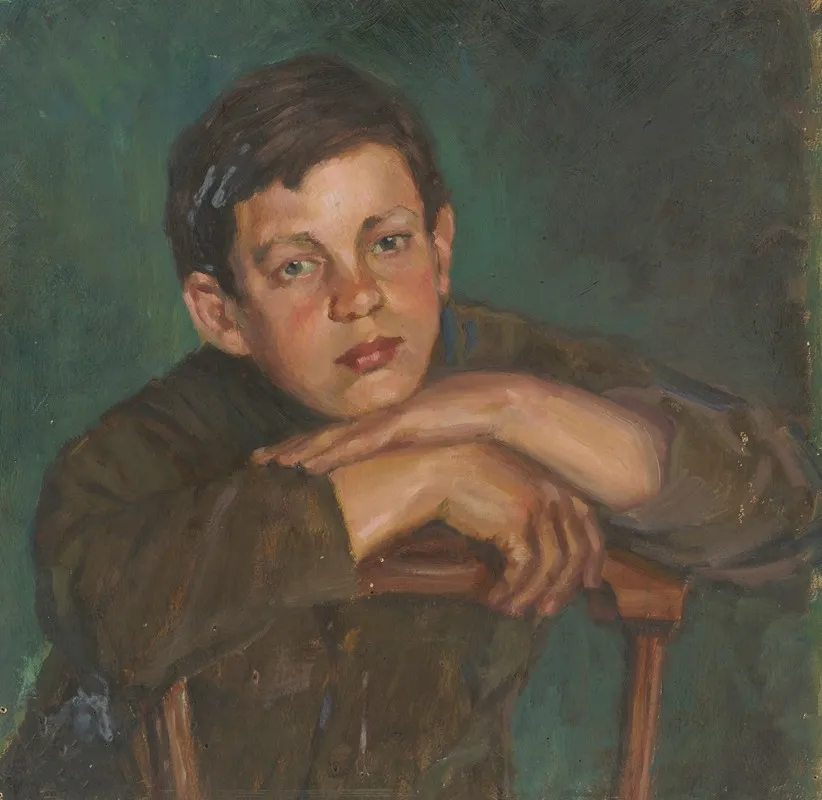 Portrait Of A Boy Leaning Over The Back Of A Chair Wall Art by Maria Marga Thomass - High-Resolution Digital Print
