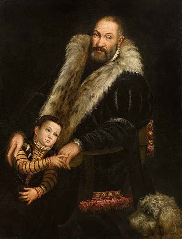 Portrait Of A Gentleman And A Child With A Dog 2 Wall Art by Giovanni Antonio Fasolo - High-Resolution Digital Print