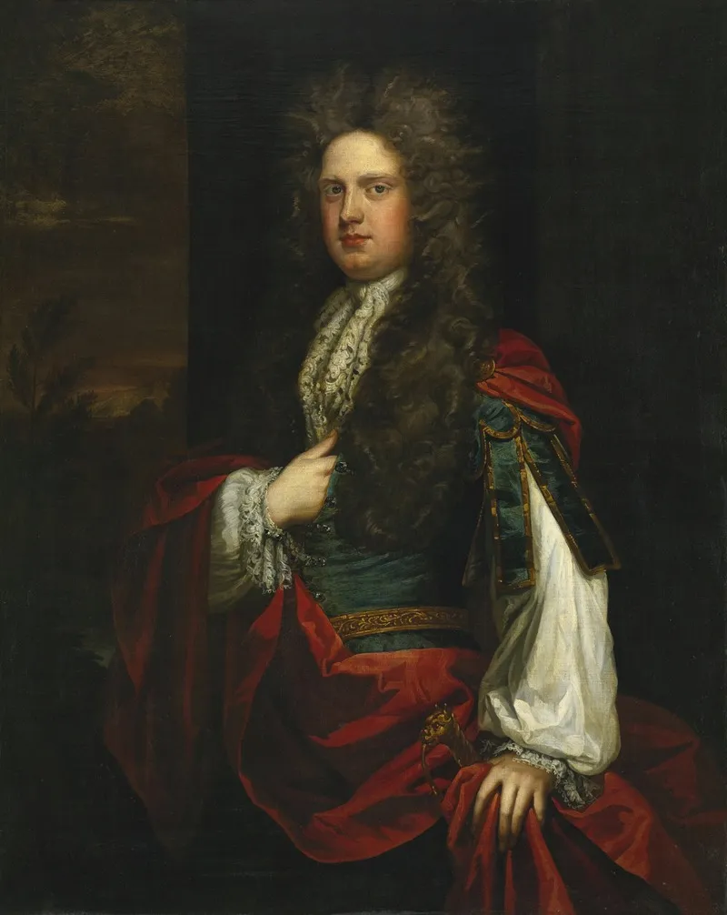 Portrait Of A Gentleman Dressed In Blue With A Red Mantle
