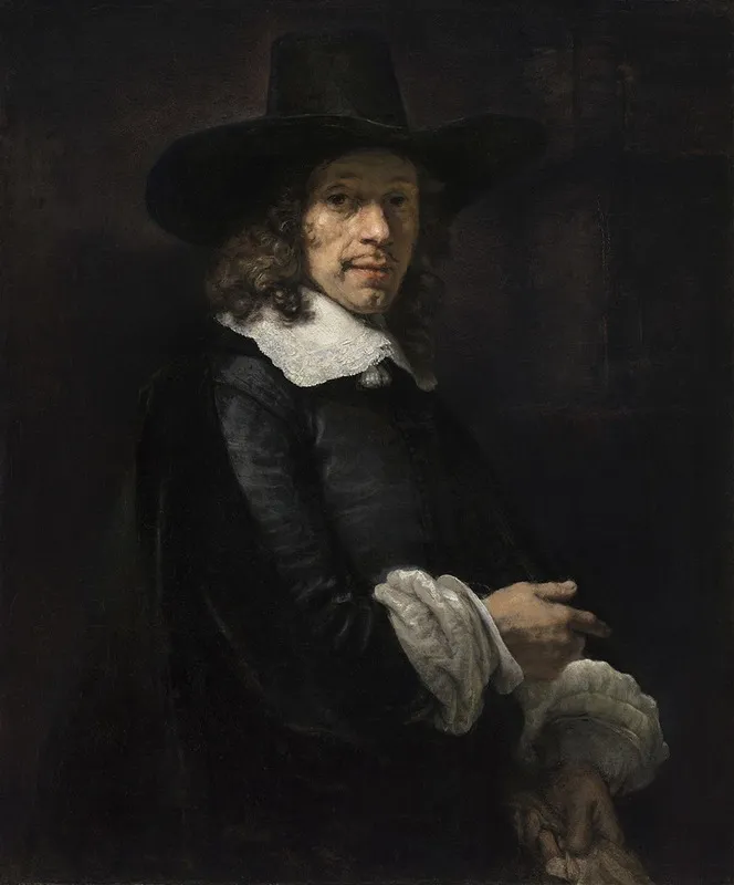 Portrait Of A Gentleman With A Tall Hat And Gloves Wall Art by Rembrandt van Rijn - High-Resolution Digital Print