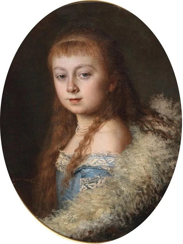 Portrait Of A Girl In A Blue Dress And Pearl Necklace