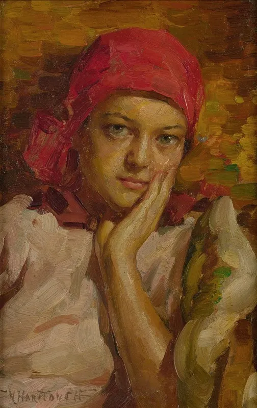 Portrait Of A Girl In A Red Scarf 2 Wall Art by Nicholas B. Haritonoff - High-Resolution Digital Print