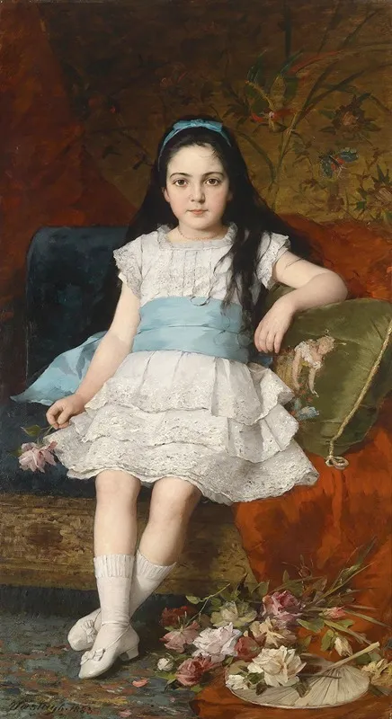 Portrait Of A Girl In A White Dress With A Blue Sash Wall Art by György Vastagh - High-Resolution Digital Print