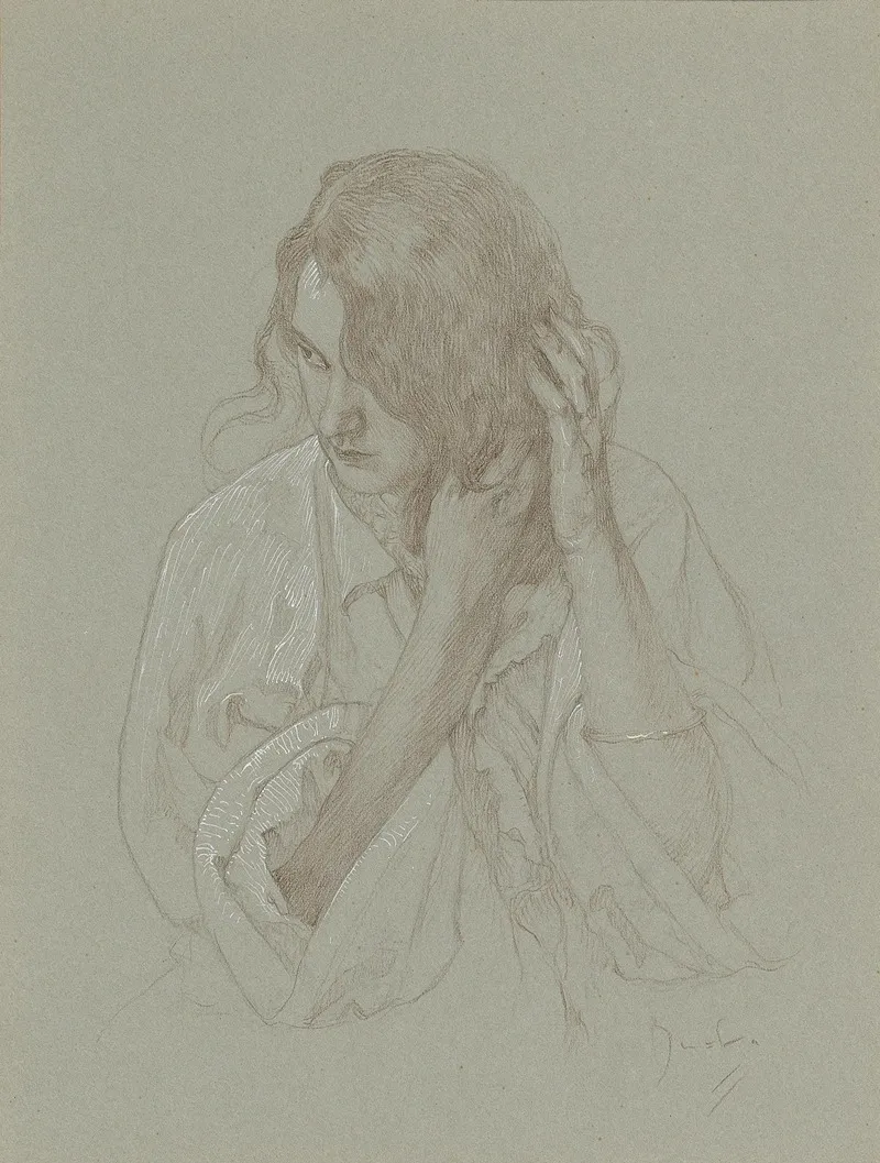Portrait Of A Girl With Hands In Hair Wall Art by Alphonse Mucha - High-Resolution Digital Print