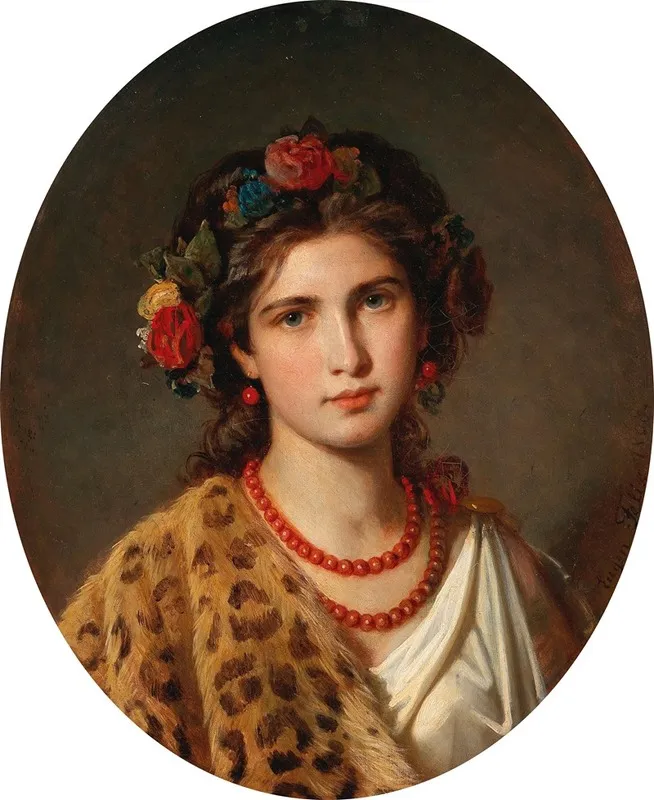 Portrait Of A Girl With Wreath Of Roses In Her Hair And Leopard Skin