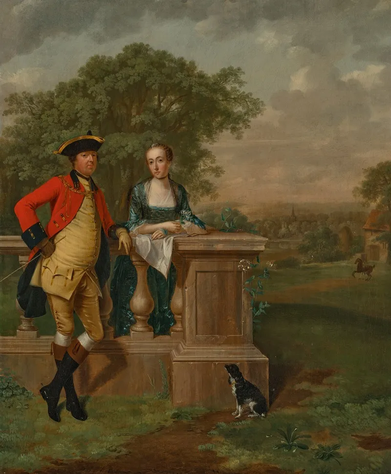 Portrait Of A Lady And A Gentleman Small Full Length Leaning On A Balustrade With A Spaniel In A Landscape Wall Art by Arthur Devis - High-Resolution Digital Print