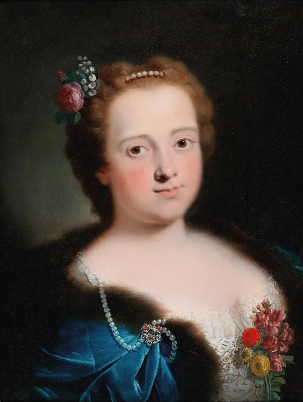 Portrait Of A Lady Bust Length In A White Embroidered Dress And Blue Fur Lined Cape Wall Art by Bartolomeo Nazari - High-Resolution Digital Print