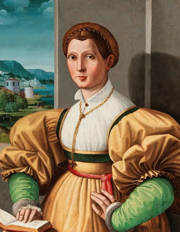 Portrait Of A Lady Half Length In A Yellow Dress With Green Sleeves And A Book In An Interior A Landscape Beyond Wall Art by Ezechia da Vezzano - High-Resolution Digital Print