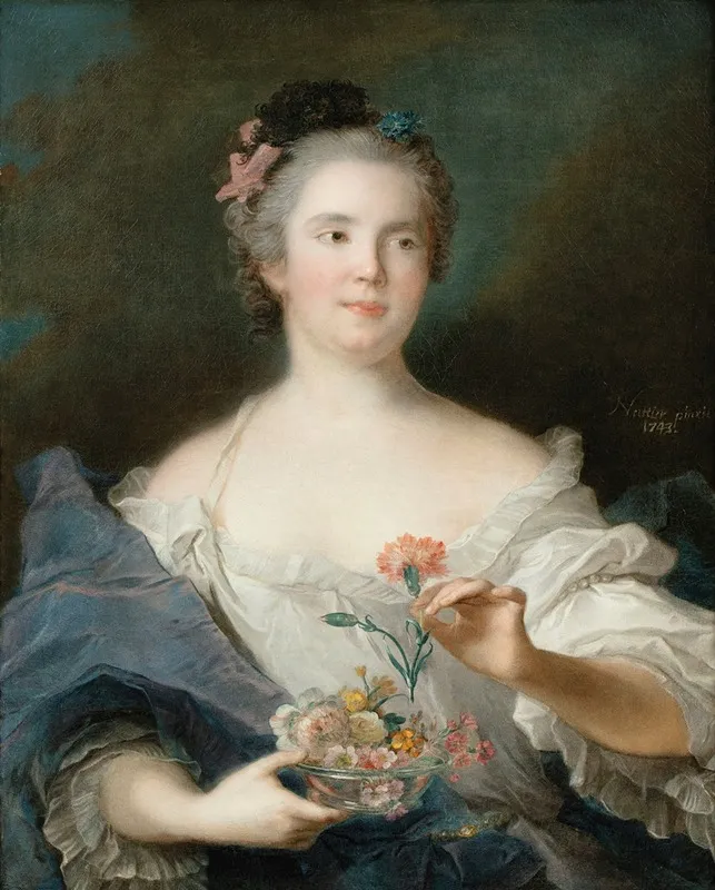 Portrait Of A Lady Holding A Carnation Said To Be La Duchesse De Chateauroux Wall Art by Jean-Marc Nattier - High-Resolution Digital Print