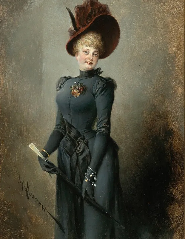 Portrait Of A Lady In A Black Dress With A Burgundy Hat And Umbrella Wall Art by Heinrich Lossow - High-Resolution Digital Print